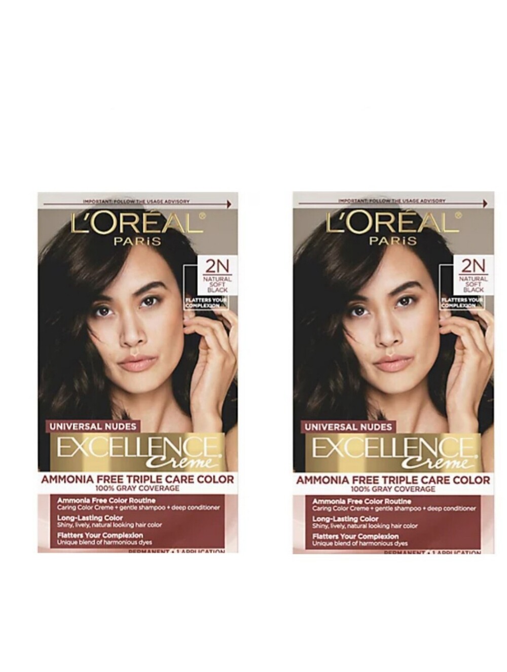 2 Pack L'Oreal Excellence Crene Ammonia-free Hair Color 2N Natural Soft Black